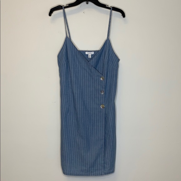 TOPSHOP Chambray Denim Stripe Opal Wrap Tank Dress - Picture 5 of 10